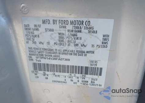 2008 Ford F-150 60Th Anniversary/Fx4/King Ranch/Lariat/Xlt from USA, damaged, VIN 1FTPW14V28FA07369